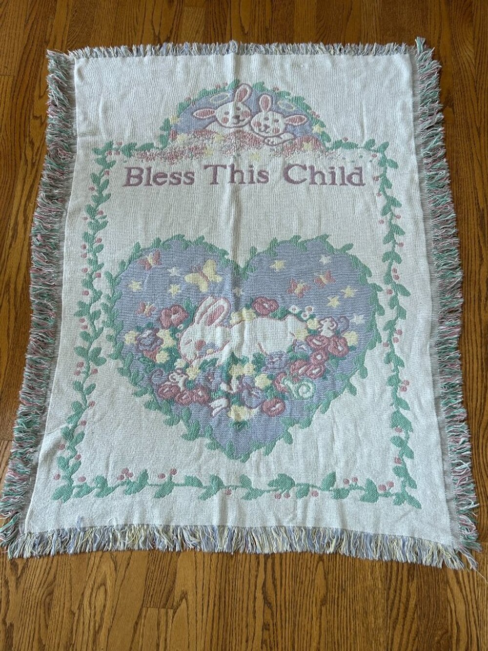 Vintage Baby Blanket BLESS THIS CHILD Cotton Throw 36” X 48” Nursery